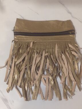 Vintage 90s Bag junkie Metallic Gold Fringe Wristlet Pouch *Slide On To Belt*